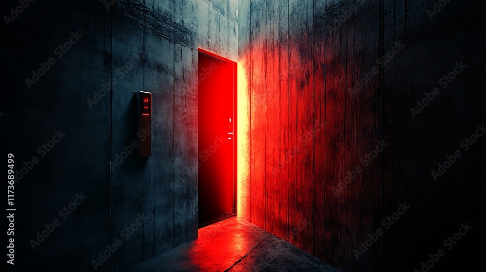 Obraz premium Red Light Illuminates Dark Corridor Entrance