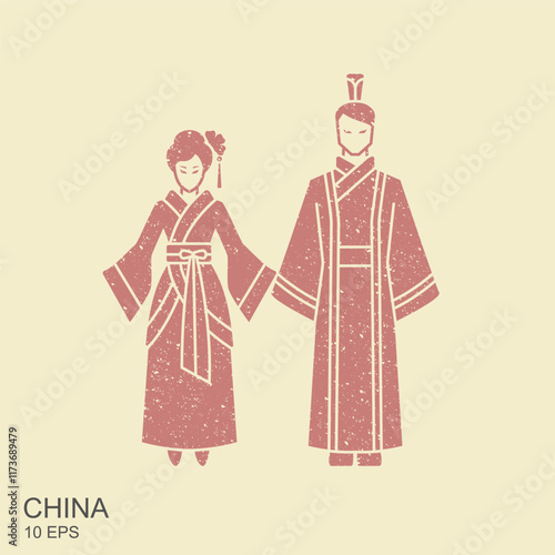 A man and a woman in traditional Chinese costumes Hanfu. Flat vector icon in retro style