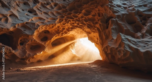 A dramatic shot of a cave entrance with sunlight streaming in illuminating the unique rock formations inside photo