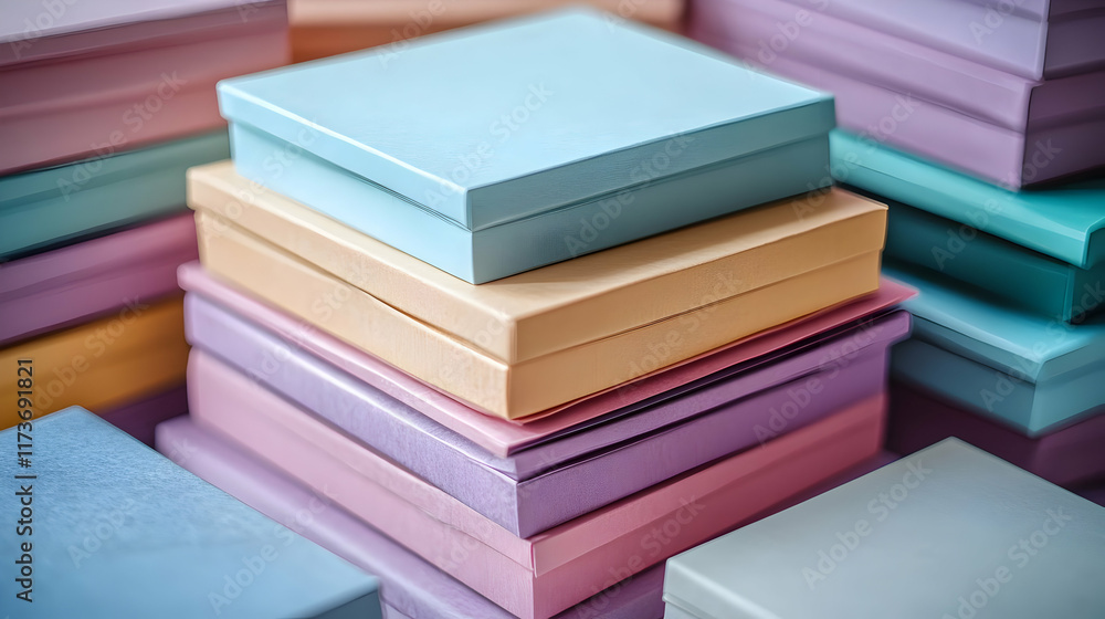 Stack of pastel-colored boxes, close-up. Various shades of pink, purple, blue, and beige create a visually appealing arrangement. Ideal for showcasing packaging, gifts, or organization. Stack of pastel-colored boxes, close-up. Various shades of pink, purple, blue, and beige create a visually appealing arrangement. Ideal for showcasing packaging, gifts, or organization.