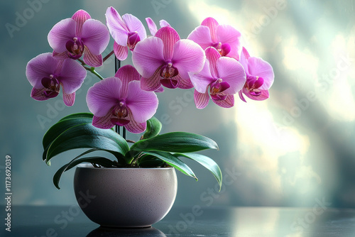 Pink orchid in pot by window, sunlit background