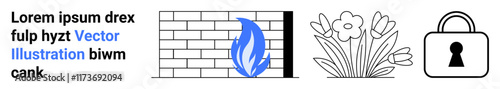 Text written in a Latin script, brick wall with blue flame representing firewall, flowers, and locked padlock icon. Ideal for digital security, nature, privacy, web development, gardening