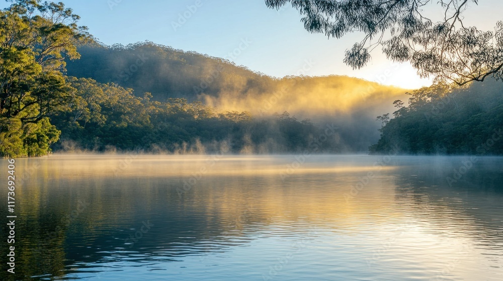 Fototapeta premium Misty sunrise over a calm lake in a forest.