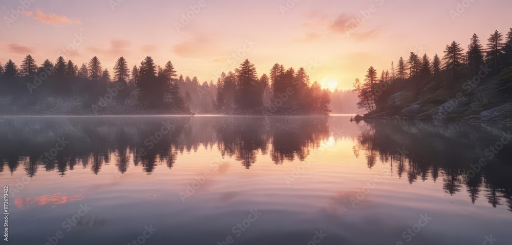 Fototapeta premium dreamy watercolor texture of a serene lake at sunset, clouds, calming