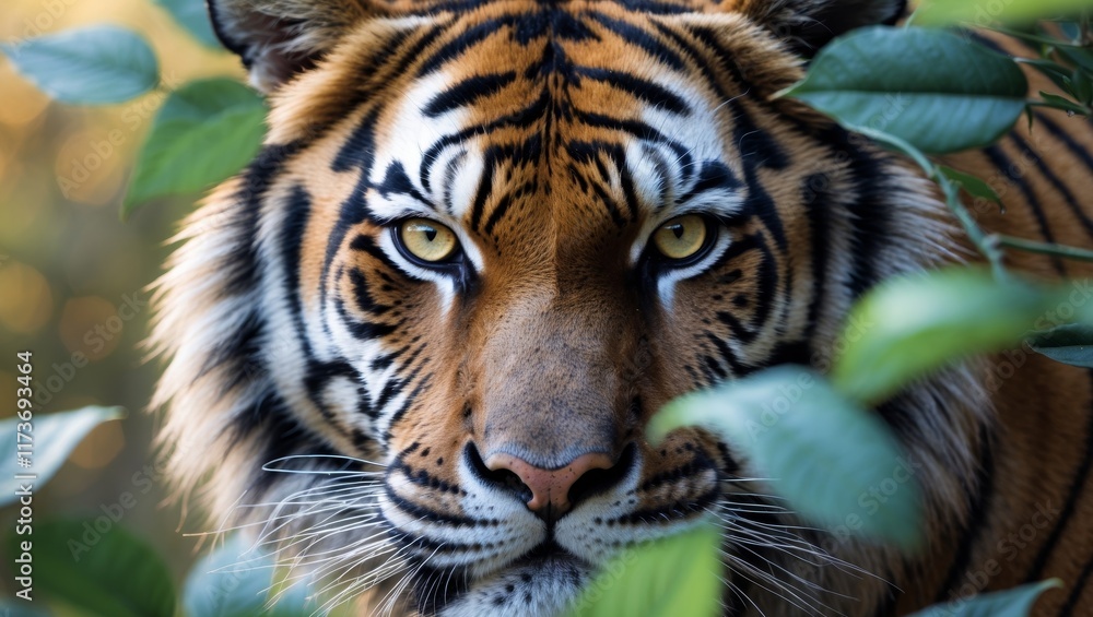 Fototapeta premium A close up of a tiger's face through the leaves