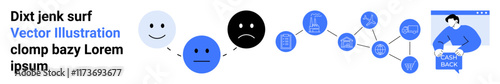 Series of emoticons transitioning from happy to sad, connected by network nodes and lines, ending with a man holding a feedback report. Ideal for user experience, customer feedback, service design