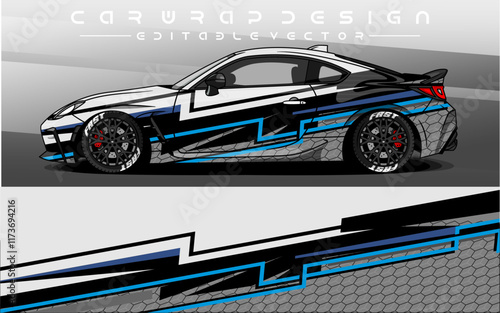 Car Livery design vector. Car wrap decal with abstract design black colour. Sticker vinyl car suitable for racing, rally or dailly use