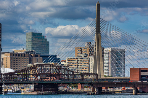Boston skyline with the Zakim Bridge in the foreground taken from the water