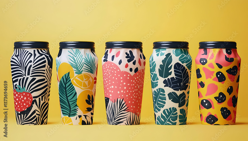 Five stylish containers with vibrant tropical and abstract patterns, set against a yellow backdrop.  Perfect for showcasing various products or designs.