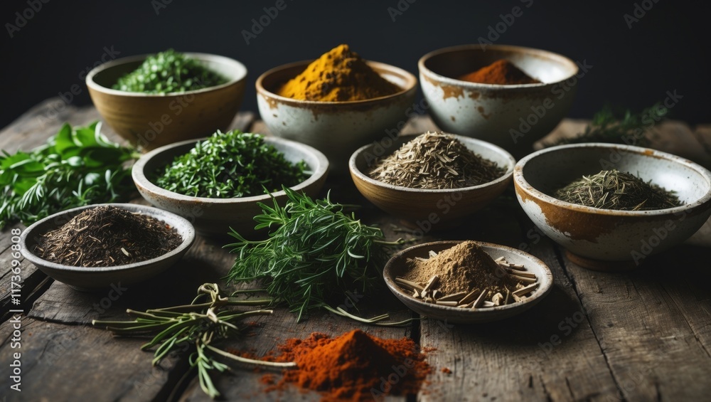 Fresh herbs and spices in rustic bowls on a dark surface Fresh herbs and spices in rustic bowls on a dark surface