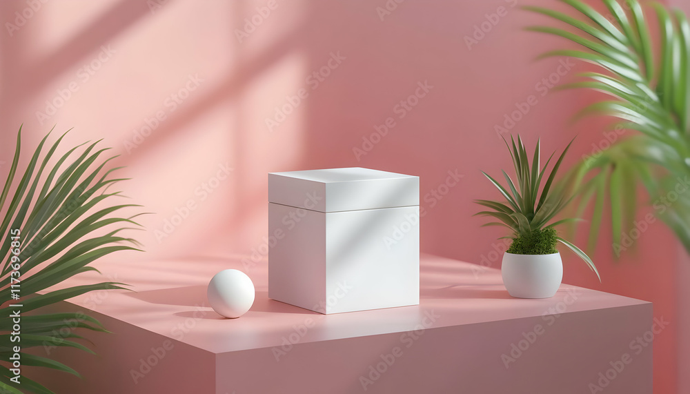 Minimalist product display with white box, sphere, and plants on a pink platform. Minimalist product display with white box, sphere, and plants on a pink platform.