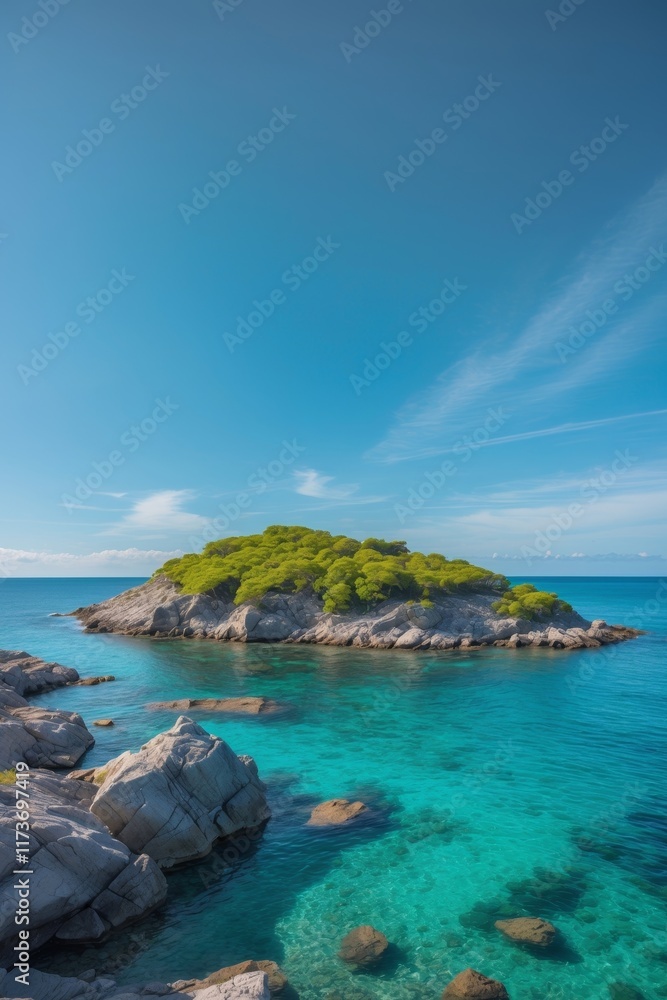 Rocky island surrounded by crystal clear blue waters under a bright sky showcasing natural beauty and tranquility in a coastal landscape Rocky island surrounded by crystal clear blue waters under a bright sky showcasing natural beauty and tranquility in a coastal landscape
