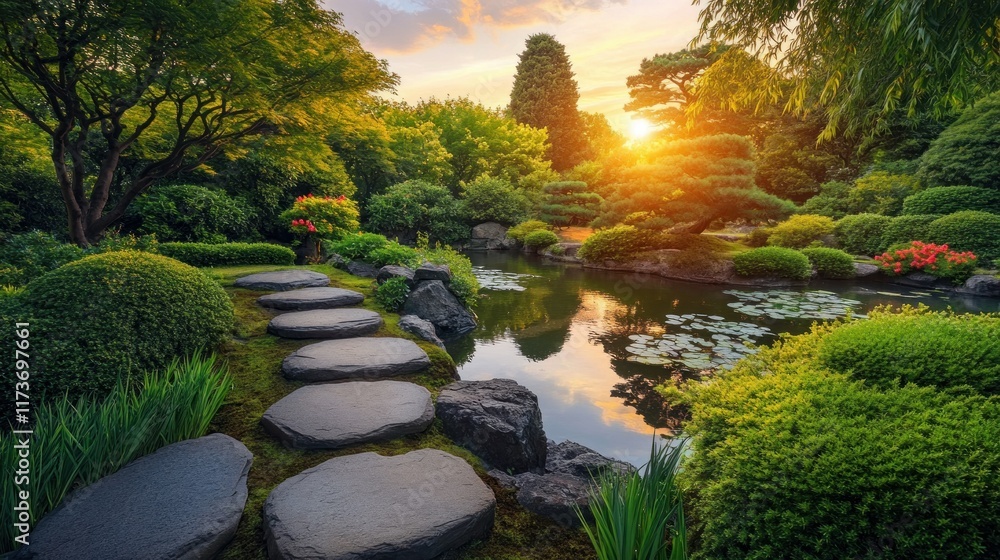 Obraz premium Serene Japanese garden at sunset, stone path leads to pond.
