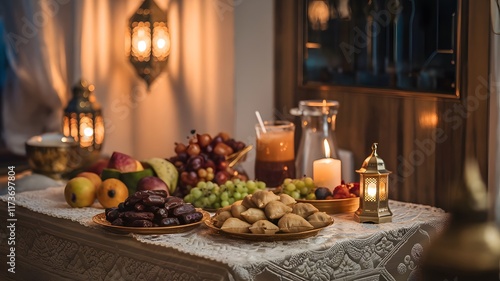 Wallpaper Mural Traditional Iftar Table with Lanterns and Ramadan Snacks, Ramadan Feast Setup with Lanterns and Delicacies, Authentic Middle Eastern Iftar Table with Warm Lighting Torontodigital.ca