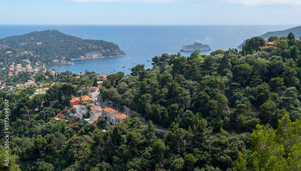 Fototapeta premium Panoramic view of Saint-Jean-Cap-Ferrat commune in Alpes-Maritimes in Provence-Alpes-Cote d'Azur, French Riviera, France