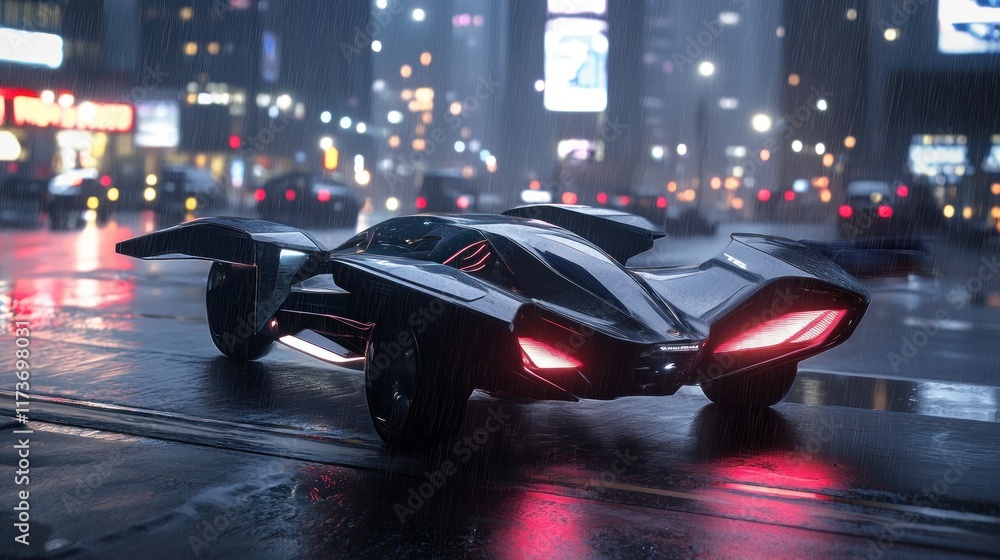 Fototapeta premium Futuristic Sports Car in Rainy City at Night