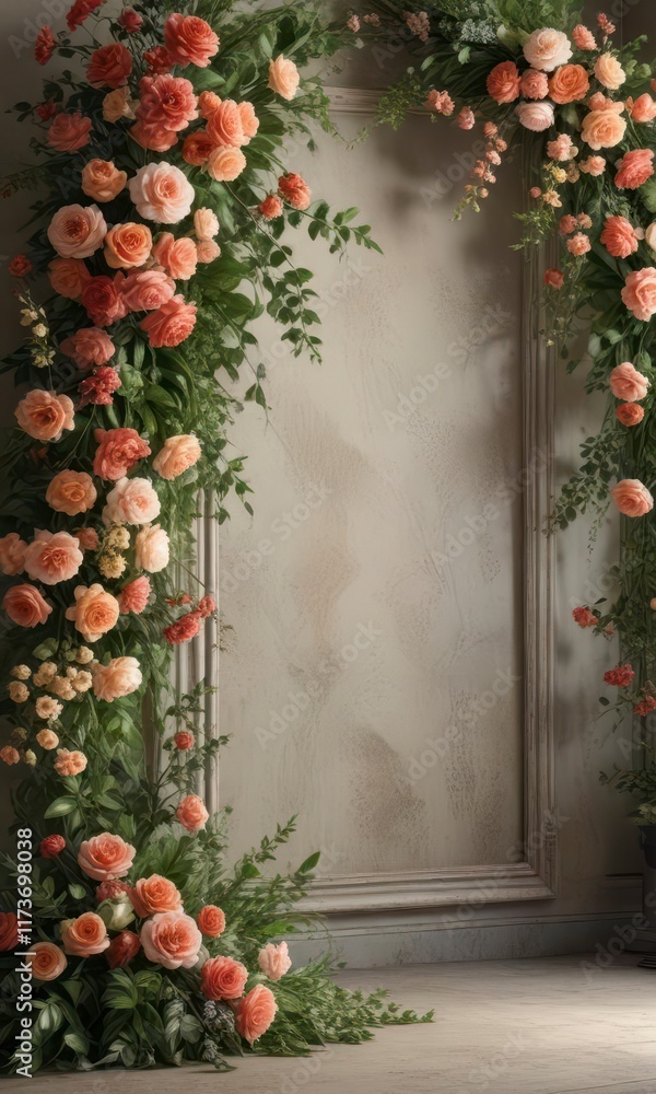 Fototapeta premium Elegant floral backdrop with artificial flowers and greenery in a distressed, antique style, eclectic, floral background