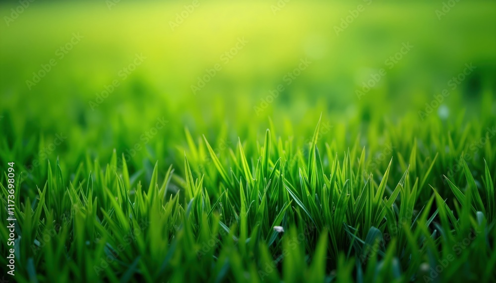 Fototapeta premium Closeup view of vibrant green grass. Green texture of meadow lawn visible. Natural, fresh feel of healthy landscape in summer spring. Ideal background for eco themes. Empty space for creative