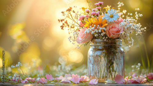 Wildflower bouquet in jar on table at sunset, garden background, greeting card