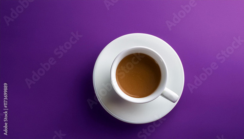 a white coffee cup is located on a colourful purple history