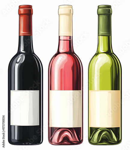 Three wine bottles with blank labels; red, ros?, and white wine. photo