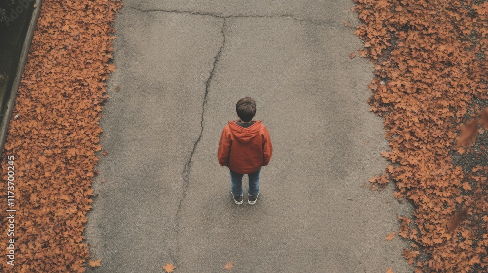 Overhead view of a person standing on a path covered in autumn leaves.