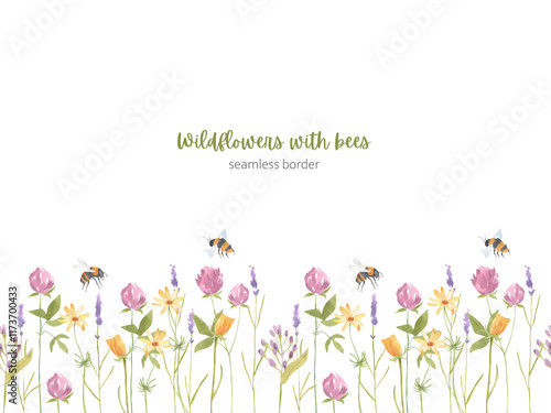 Watercolor hand drawn seamless border of wildflowers with fly bees on white background. Clever, tulip, lavender flowers banner. 