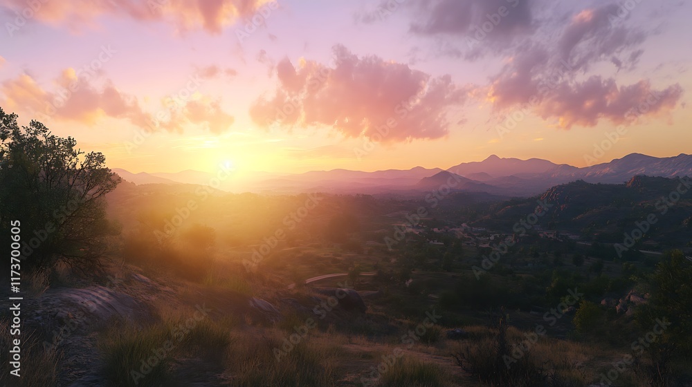 Naklejka premium A serene sunset over rolling hills and valleys, capturing the beauty of nature.