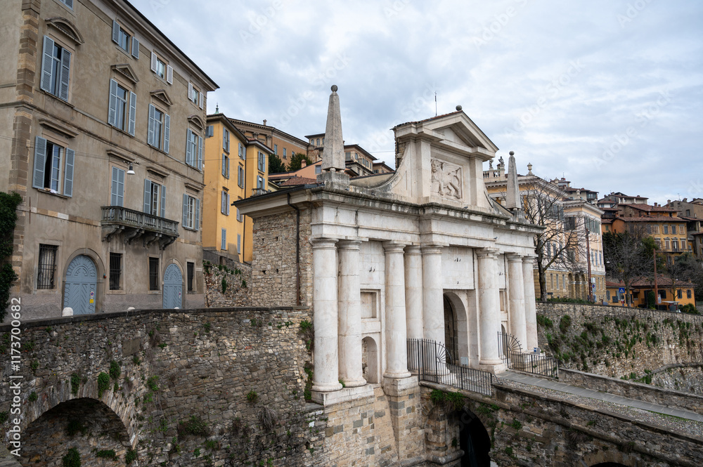 Fototapeta premium Historical part of Bergamo city, Bergamo Alta with narrow streets, tourists destination