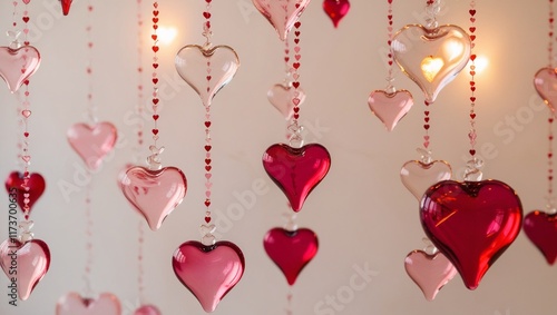Hearts background. Glass hearts in hanging decorations on a white background. Valentine's Day Banner. Greeting card, Valentine's Day invitation.