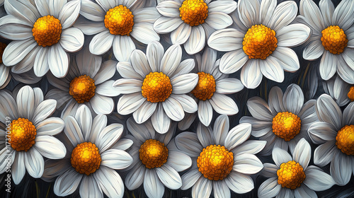 White daisies blooming, dense floral background, dark edges