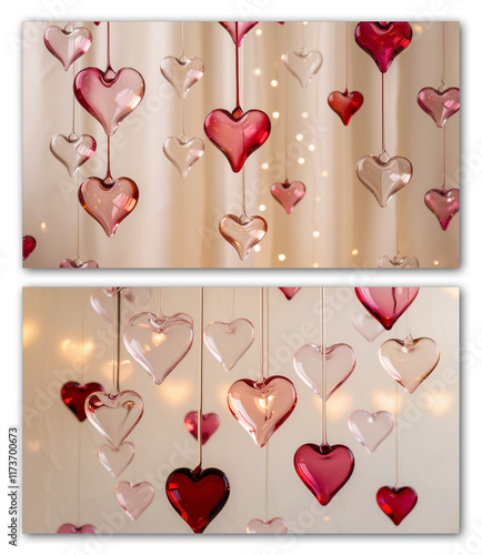 Valentines day background. Hanging glass hearts. Valentine's Day Banner. Greeting card, Valentine's Day invitation.