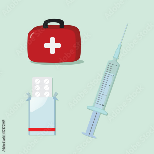medical cartoon set of bag, pills, syringe illustration