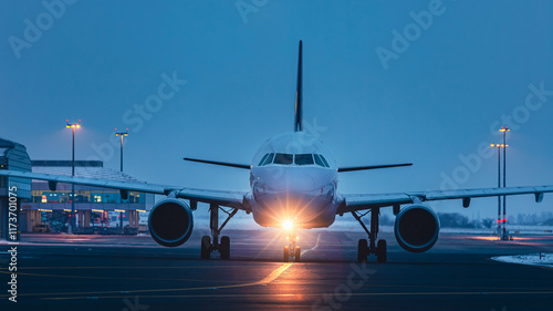 Traffic at airport at night. Front view of passenger airplane taxiing to runway for taking off..