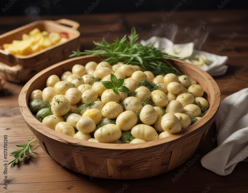 Gnocchi filled with herbs and cheese steaming in a wooden basket on a modern table , dinner, homemade Gnocchi filled with herbs and cheese steaming in a wooden basket on a modern table , dinner, homemade