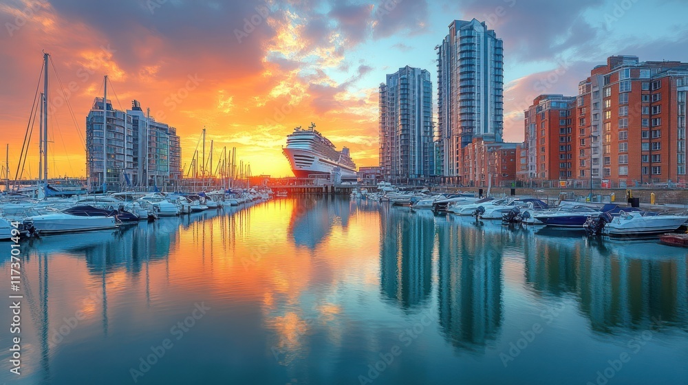 Sunrise over marina with cruise ship and modern buildings. Sunrise over marina with cruise ship and modern buildings.