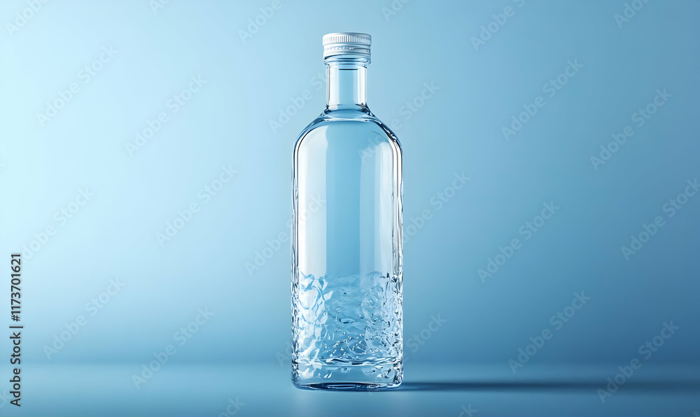 Clear glass bottle with a silver cap filled with clear liquid against a light blue background. Clear glass bottle with a silver cap filled with clear liquid against a light blue background.