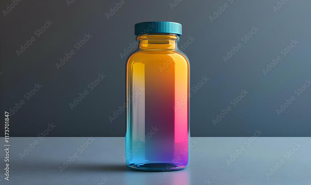 Gradient-colored glass bottle with teal cap on grey surface. Gradient-colored glass bottle with teal cap on grey surface.