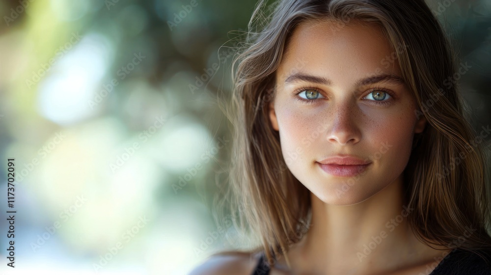 Obraz premium Portrait of a Young Woman with Stunning Green Eyes and Long Brown Hair, Outdoors