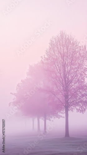 Row of Trees in a Foggy Pink Landscape - Serene, Dreamy Natural Beauty Phone Background