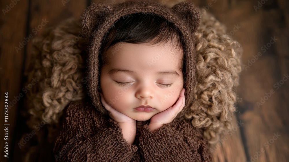 A baby is sleeping in a brown snowsuit A baby is sleeping in a brown snowsuit