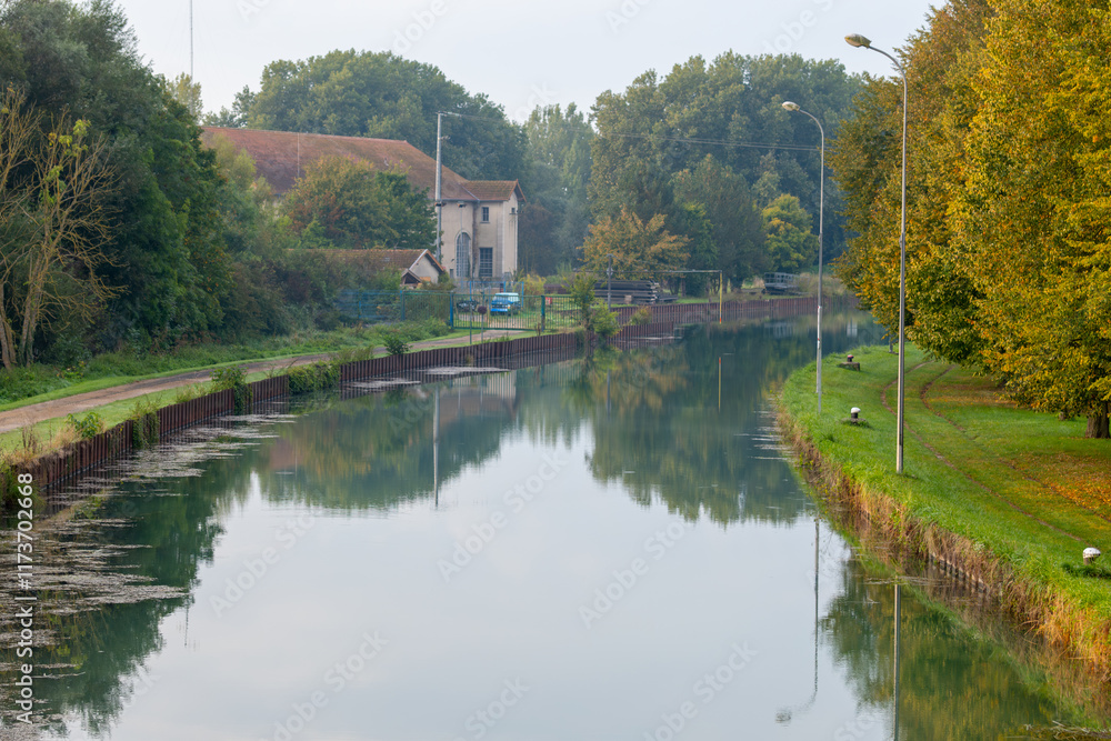 Conde-sur-Marne, view of Marne river. Autumn in Champagne wine making region near Epernay, France. Travelling in Champagne, Grand Est. Conde-sur-Marne, view of Marne river. Autumn in Champagne wine making region near Epernay, France. Travelling in Champagne, Grand Est.
