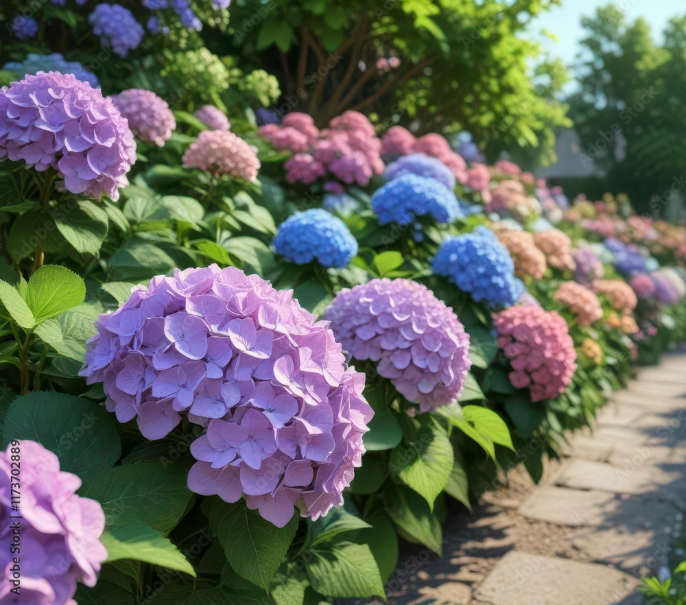 Hydrangea blooming in garden with vibrant flowers , colorful flowers, garden flowers Hydrangea blooming in garden with vibrant flowers , colorful flowers, garden flowers