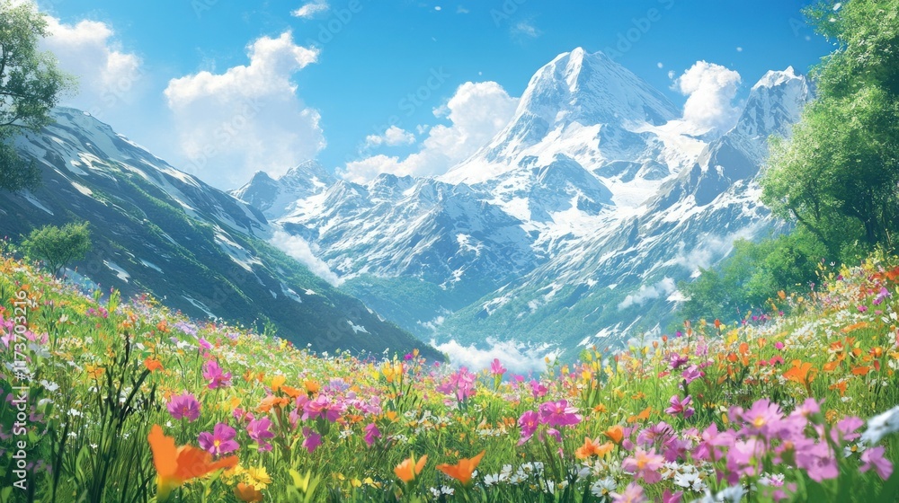 Fototapeta premium Vibrant wildflowers bloom in a lush alpine meadow, with majestic snow-capped mountains in the background under a bright blue sky.