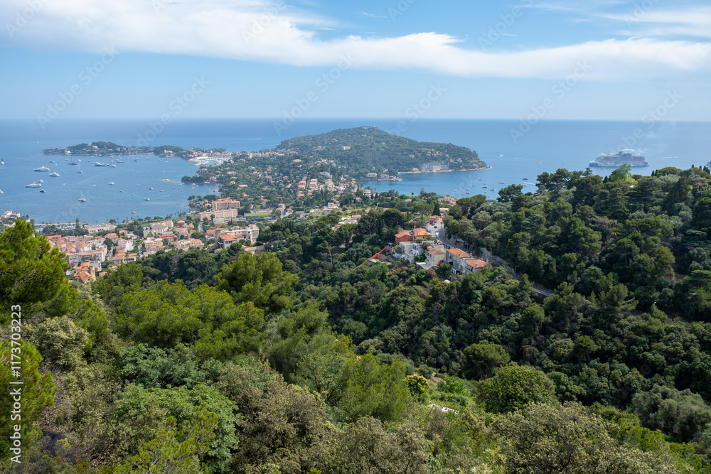 Panoramic view of Saint-Jean-Cap-Ferrat commune in Alpes-Maritimes in Provence-Alpes-Cote d'Azur, French Riviera, France Panoramic view of Saint-Jean-Cap-Ferrat commune in Alpes-Maritimes in Provence-Alpes-Cote d'Azur, French Riviera, France