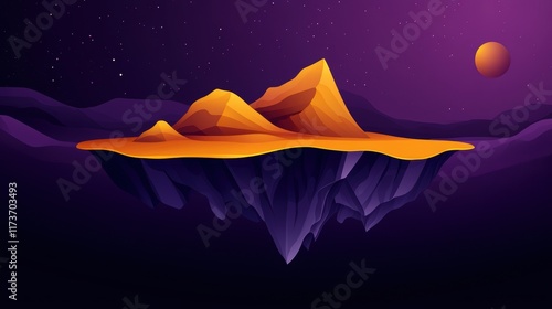 surreal landscape art, surreal scene floating yellow islands above deep purple oceans, brown soil fragments breaking away, dreamlike with space for text photo