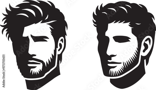 Creative human man face black soild silhouette logo icon set, drawing head isolated on white background. Clipart element person vector bundle