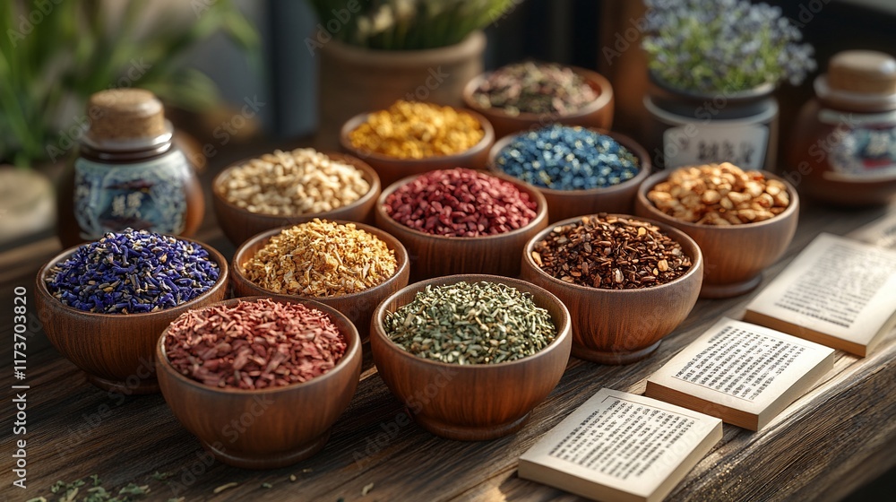 Assortment of Dried Herbs and Flowers in Wooden Bowls Assortment of Dried Herbs and Flowers in Wooden Bowls