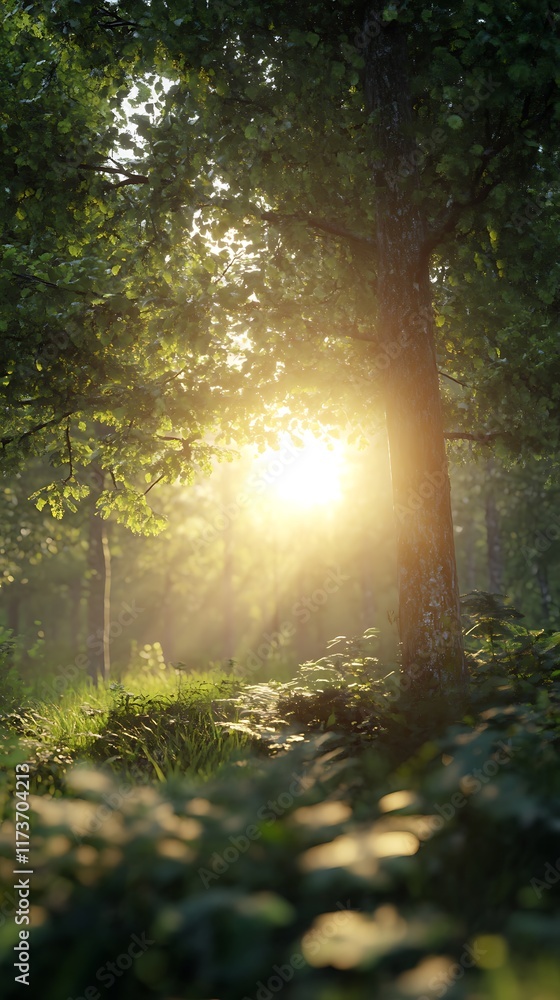 Obraz premium A serene forest scene with sunlight filtering through trees, creating a peaceful ambiance.
