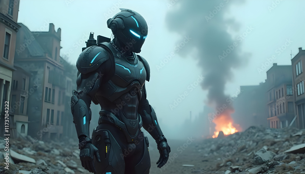 Cybernetic Soldier: Post-Apocalyptic Ruin, Dark Cinematic Art Cybernetic Soldier: Post-Apocalyptic Ruin, Dark Cinematic Art